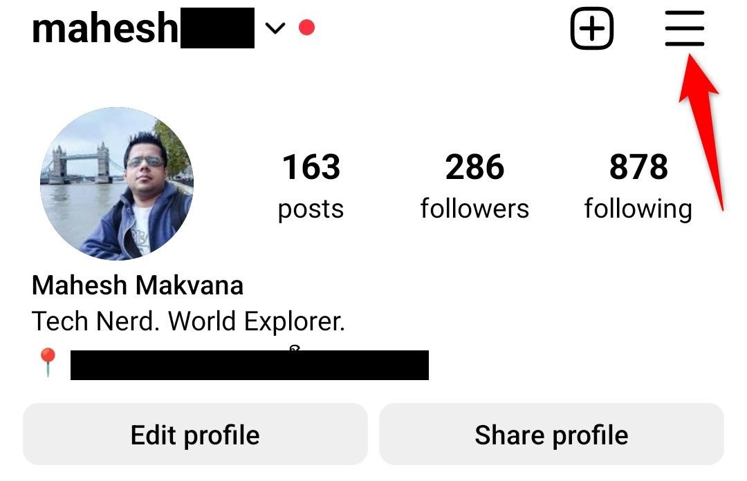 The hamburger menu highlighted on the profile page in Instagram.
