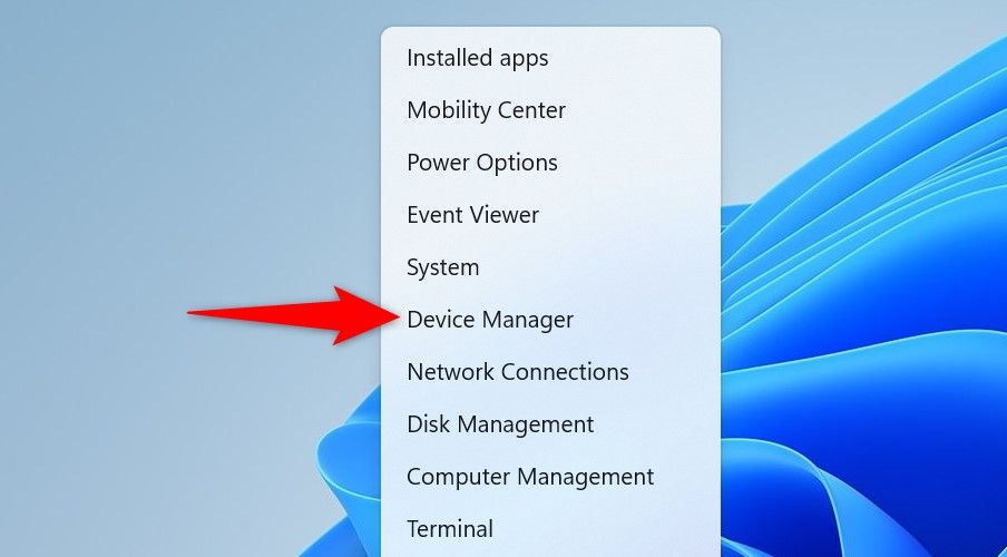 'Device Manager' highlighted in Windows' Power User menu.
