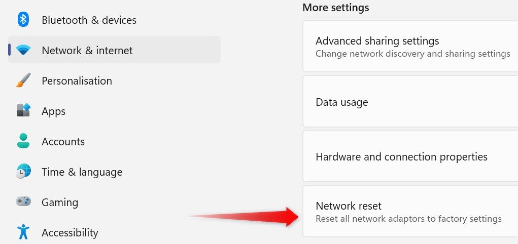 Opening the network reset settings in the Windows Settings app.
