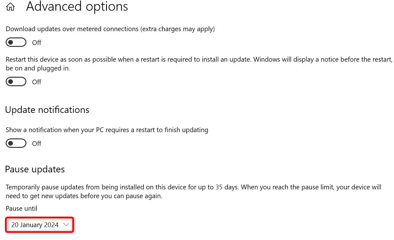 'Pause Until' highlighted in Windows 10 Settings.