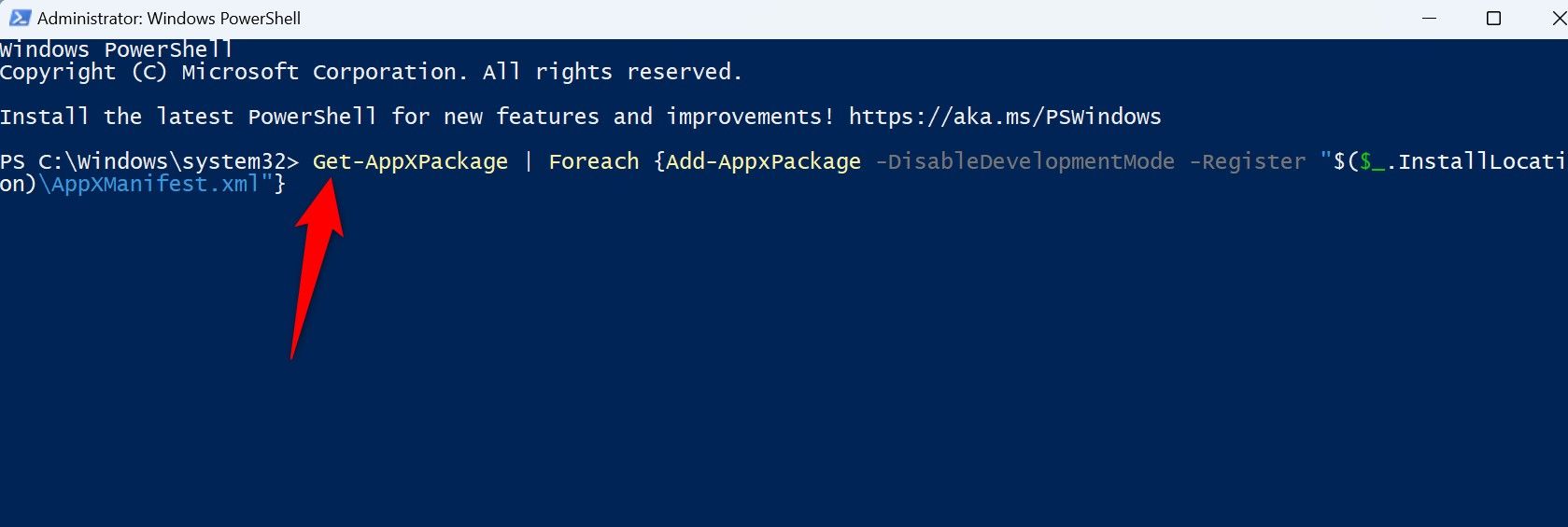 The command to re-register all Windows apps typed in PowerShell.