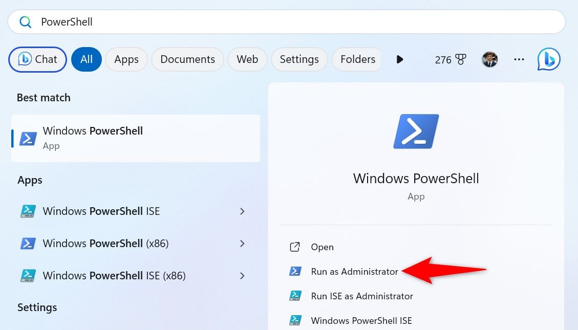 'Run as Administrator' highlighted for PowerShell in Start Menu.