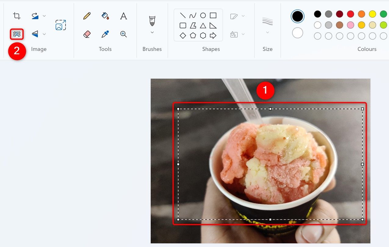An image area selection and 'Remove Background' highlighted in Paint.