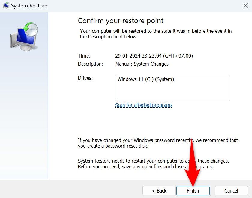 'Finish' highlighted in System Restore.