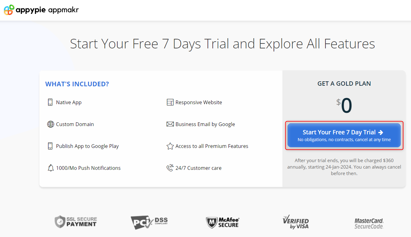 An image showing the 7-day free trial plan features.