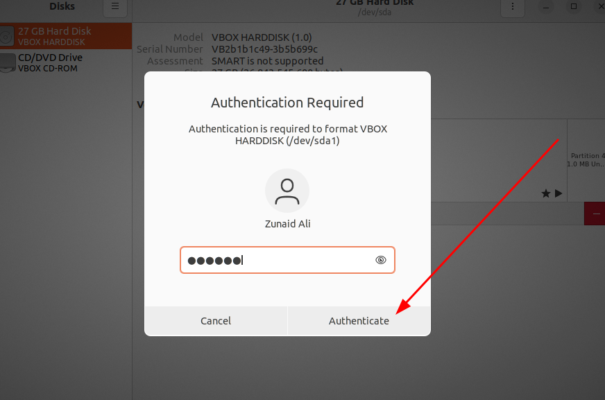 The Ubuntu authentication window asking for user password
