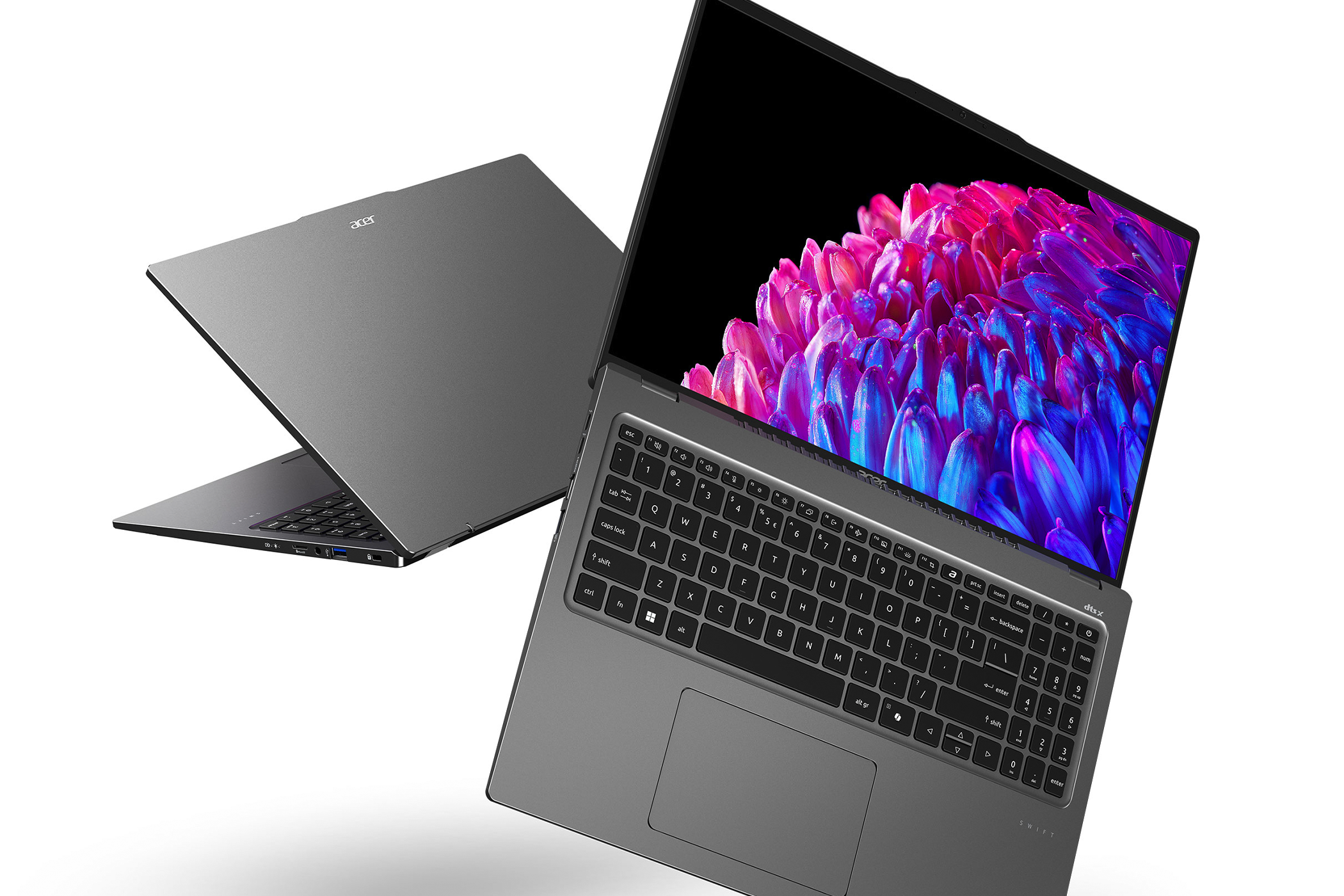 The Acer Swift Go 16 laptop&rsquo;s interior and exterior.