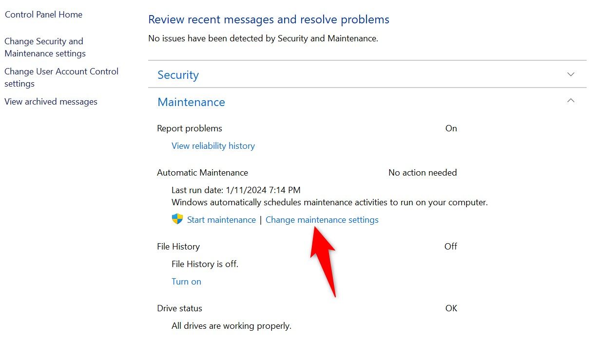 'Change Maintenance Settings' highlighted in Control Panel.