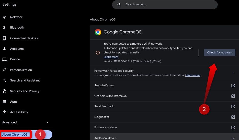 Checking the available ChromeOS updates in Chromebook settings.