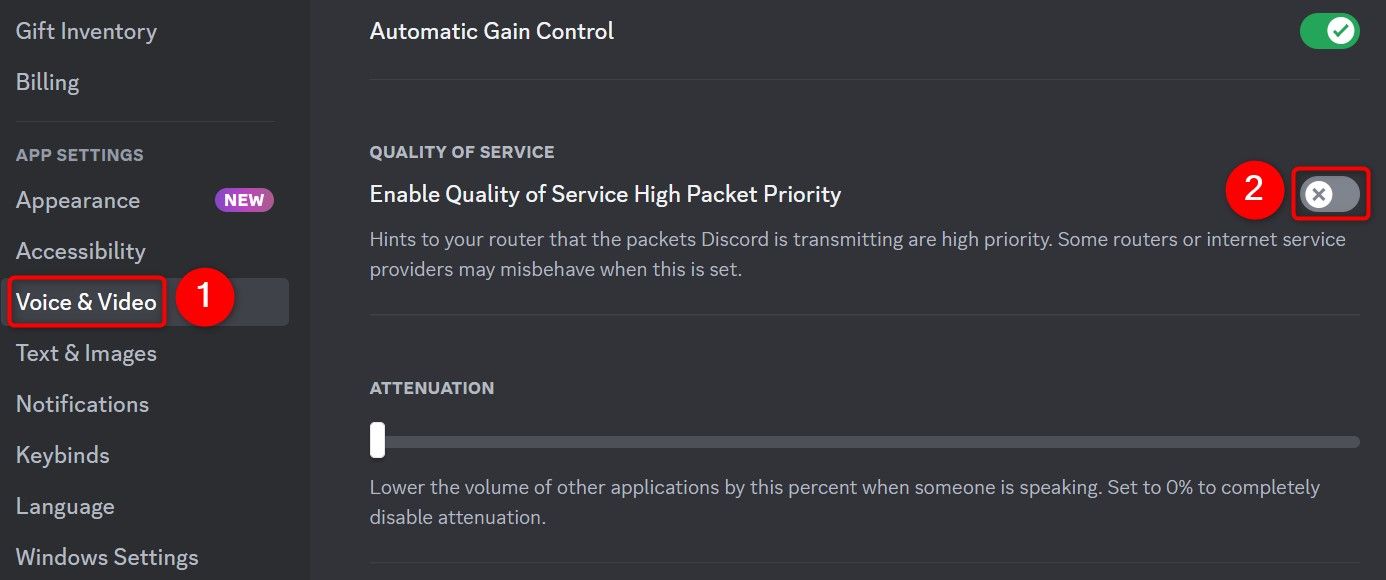'Voice & Video' and 'Enable Quality of Service High Packet Priority' highlighted in Discord User Settings.