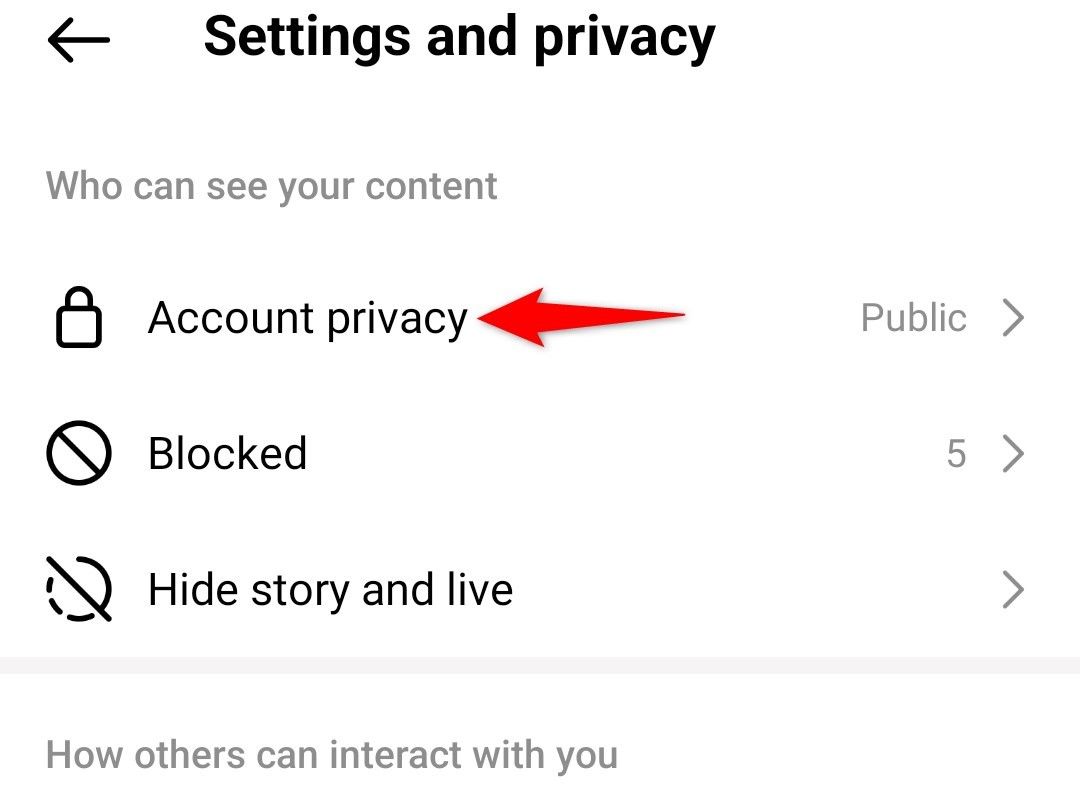 'Account Privacy' highlighted in Instagram Settings.
