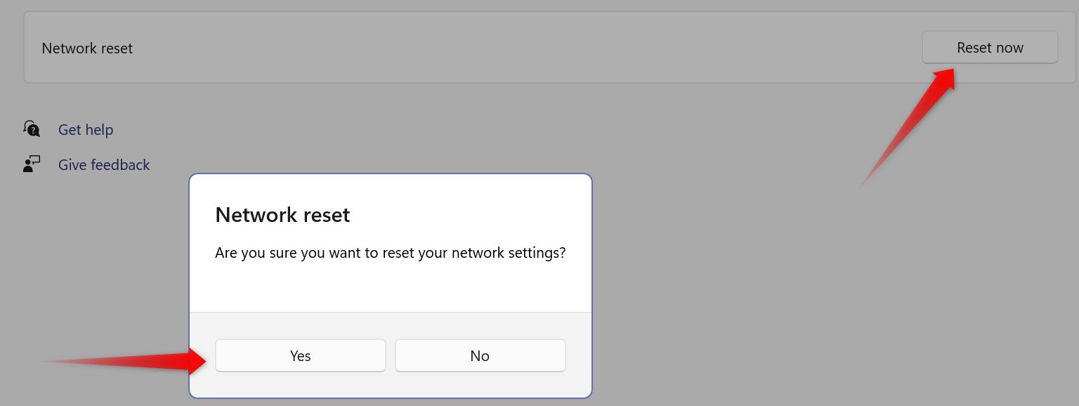 Resetting the network settings in the Windows Settings app.