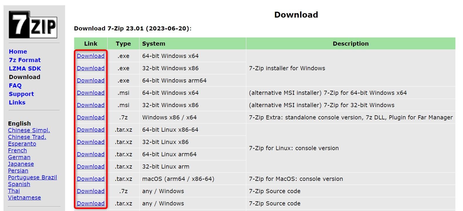 'Download' options highlighted on the 7-Zip website.
