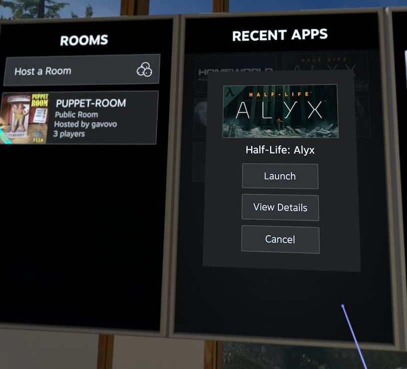 The SteamVR Home environment showing recent apps.