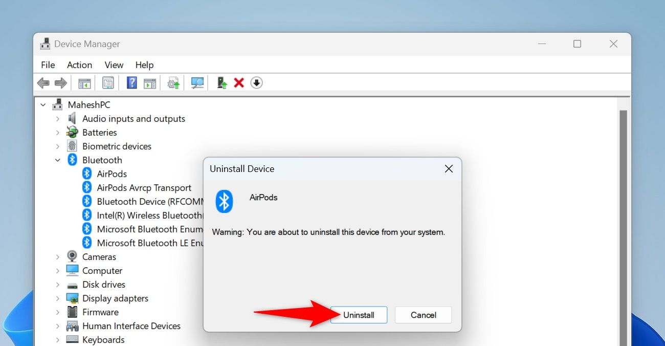 'Uninstall' highlighted in the 'Uninstall Device' window.
