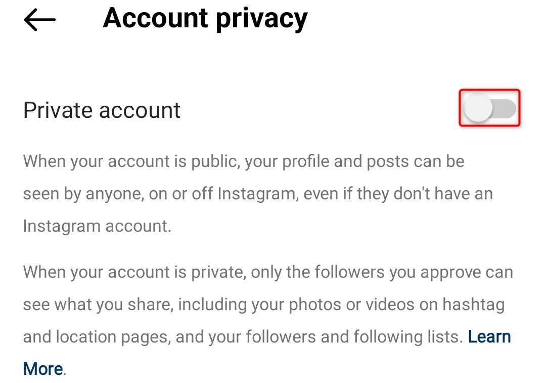 'Private Account' highlighted in Instagram Settings.