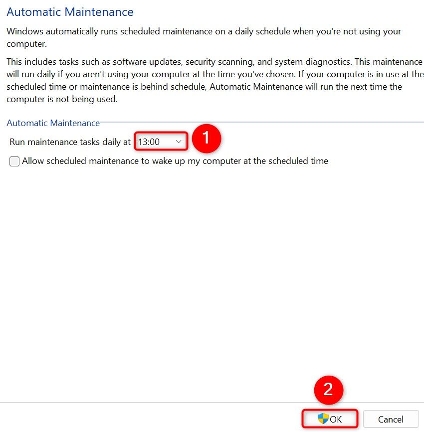 'Run Maintenance Tasks Daily at' and 'OK' highlighted on the 'Automatic Maintenance' screen.