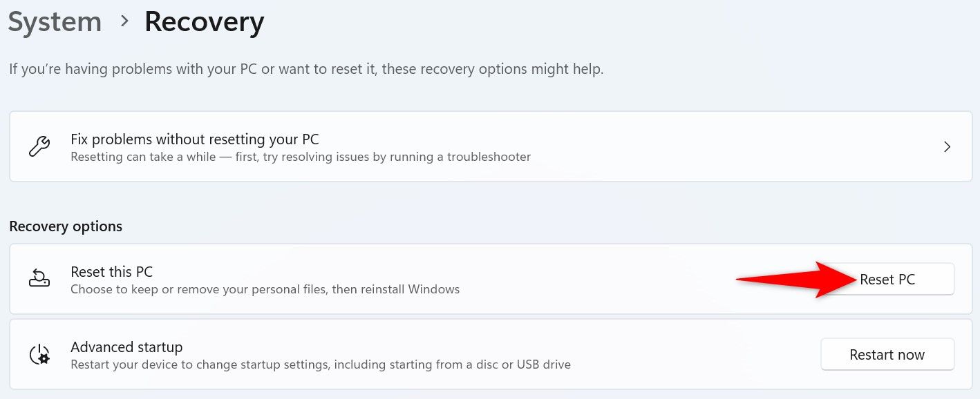 'Reset PC' highlighted in Windows 11 Settings.