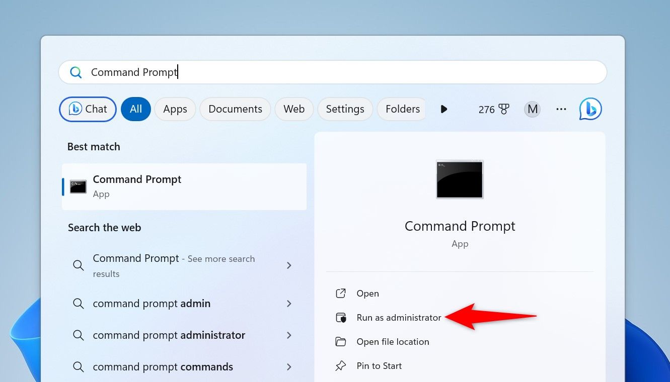 'Run as Administrator' highlighted for Command Prompt in Windows Search.