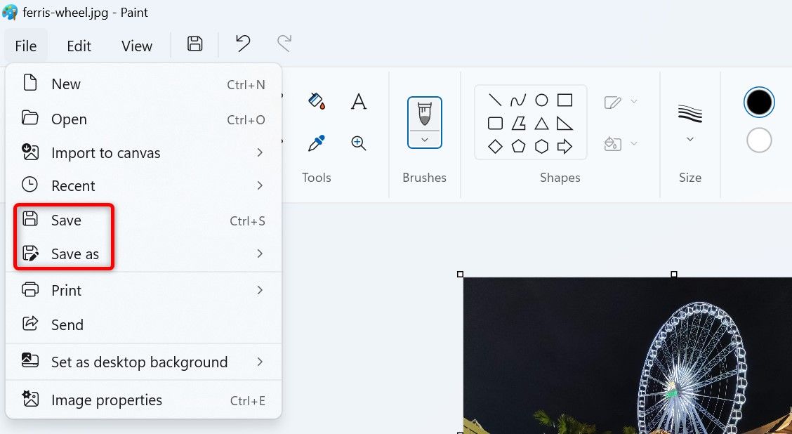 'Save' and 'Save As' highlighted in Paint's 'File' menu.