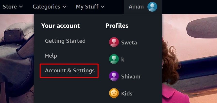 Account &amp; Settings option in Amazon Prime Video.