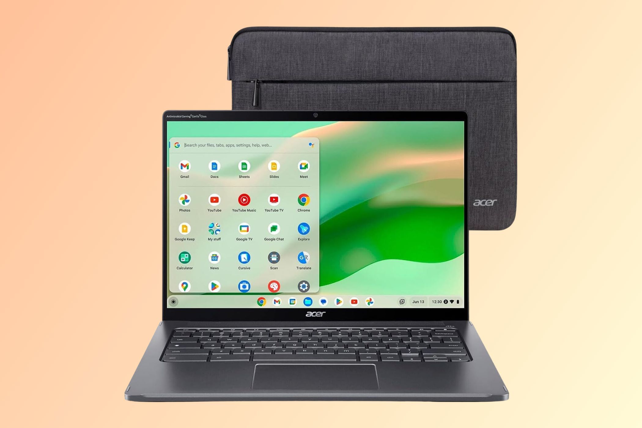 Acer Chromebook Spin 714 laptop on orange background.