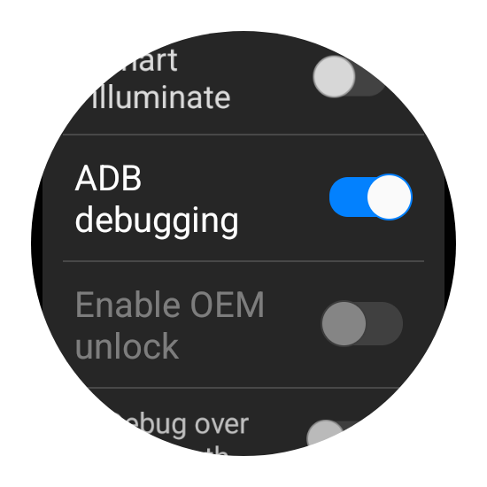 ADB Debugging toggle turned on in Wear OS