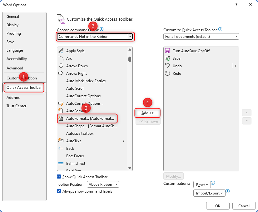 'Word Options' dialog box showing where to find the 'AutoFormat Now' option.