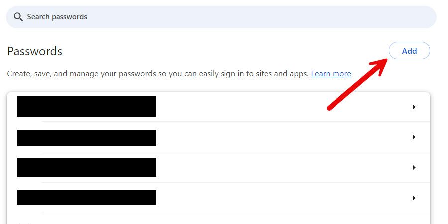 Adding a password manually in Google Chrome's password manager.