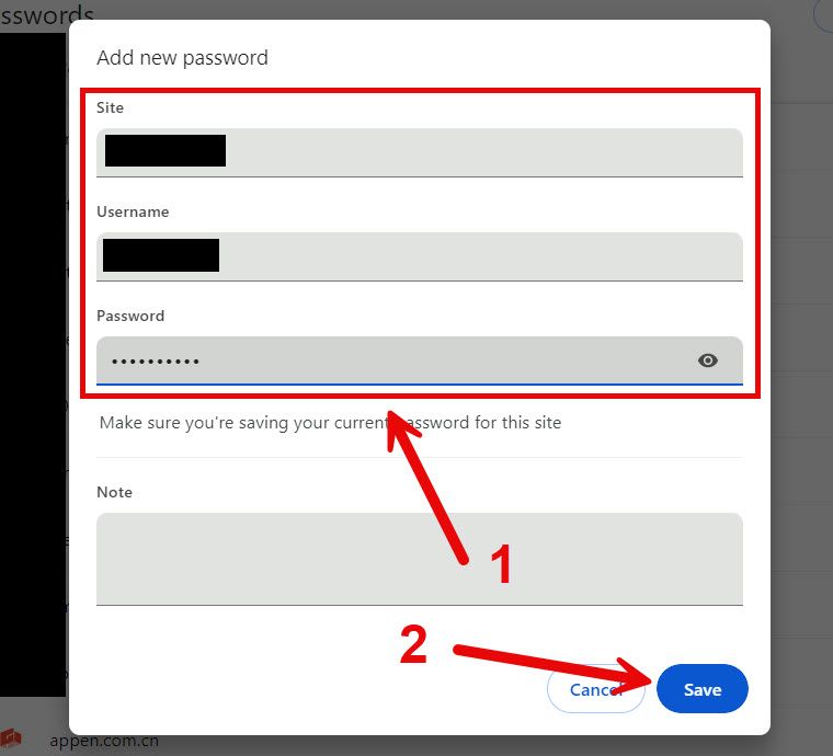 Entering password details for a site in Google Chrome's password manager.