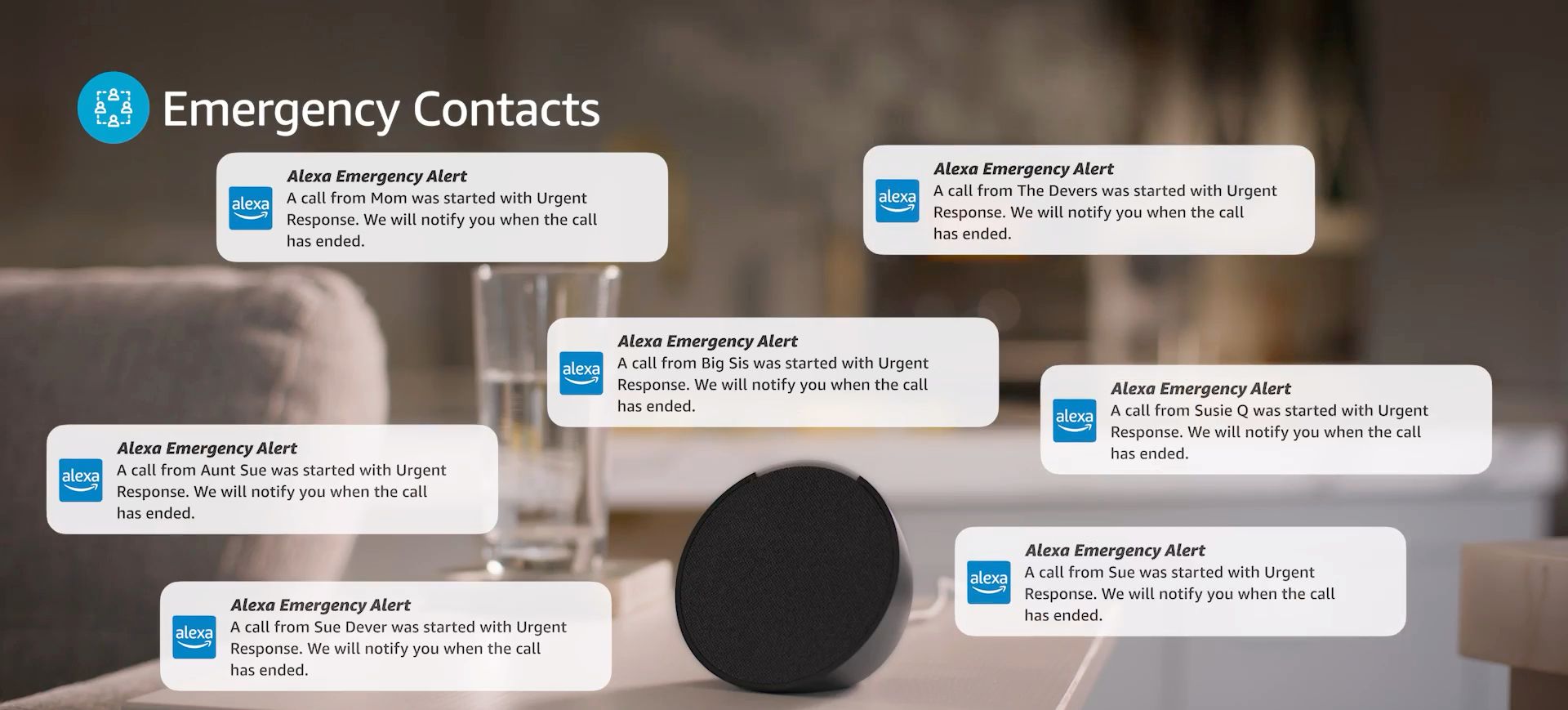 Alexa Emergency Contacts example notifications.
