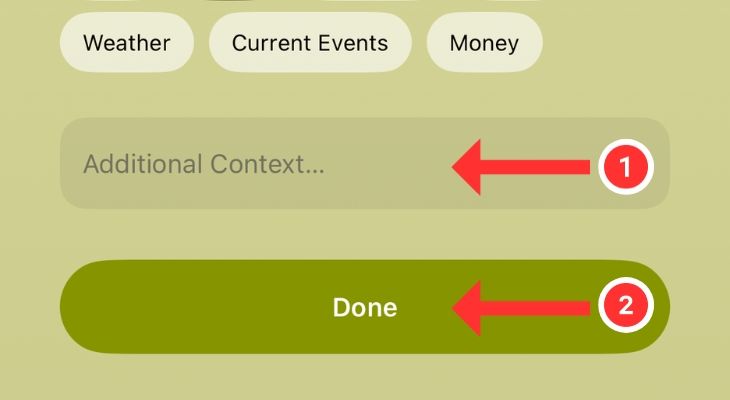 Arrows highlighting the additional context text field and done button.