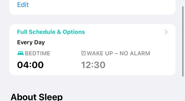 Screenshot of the Full Schedule & Options for Sleep tracking in Apple Health.