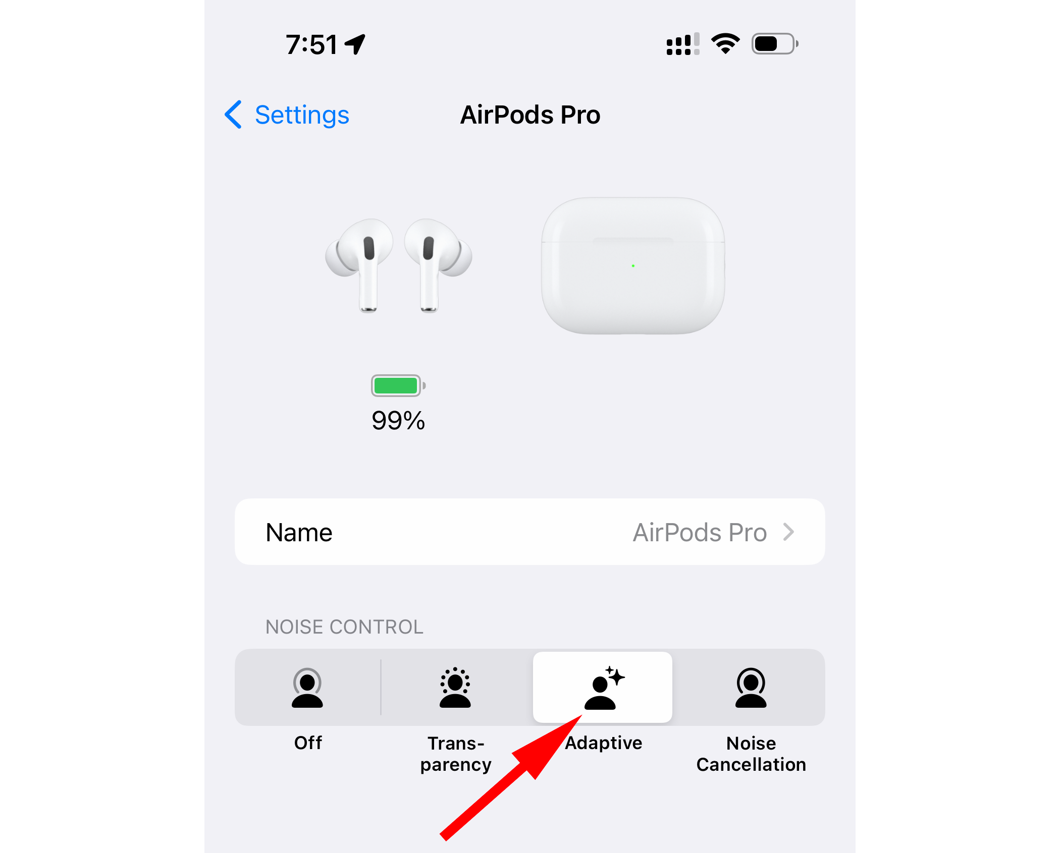 AirPods settings on iPhone with the Adaptive option annotated in the Noise Control section.