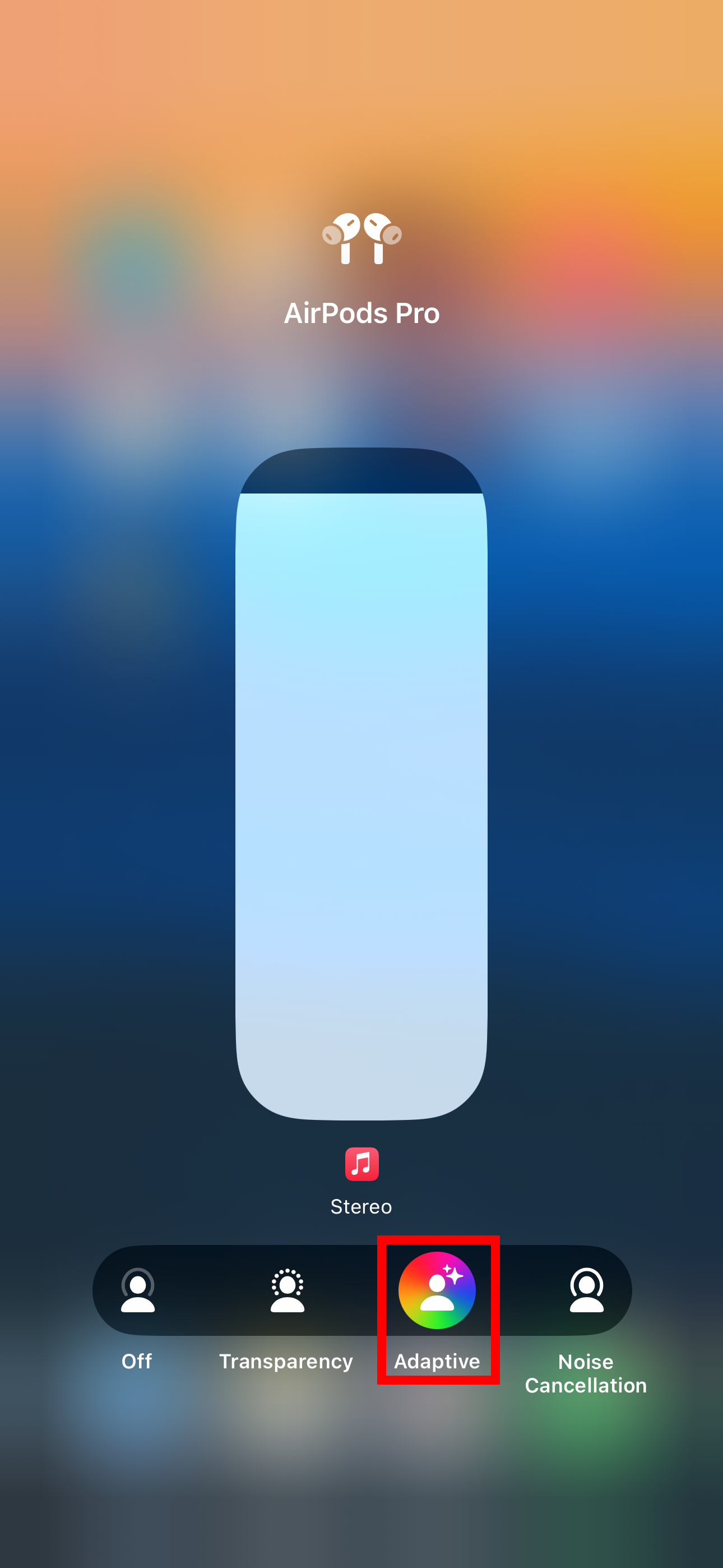 iPhone&rsquo;s Control Center showing the Adaptive button below the volume slider.