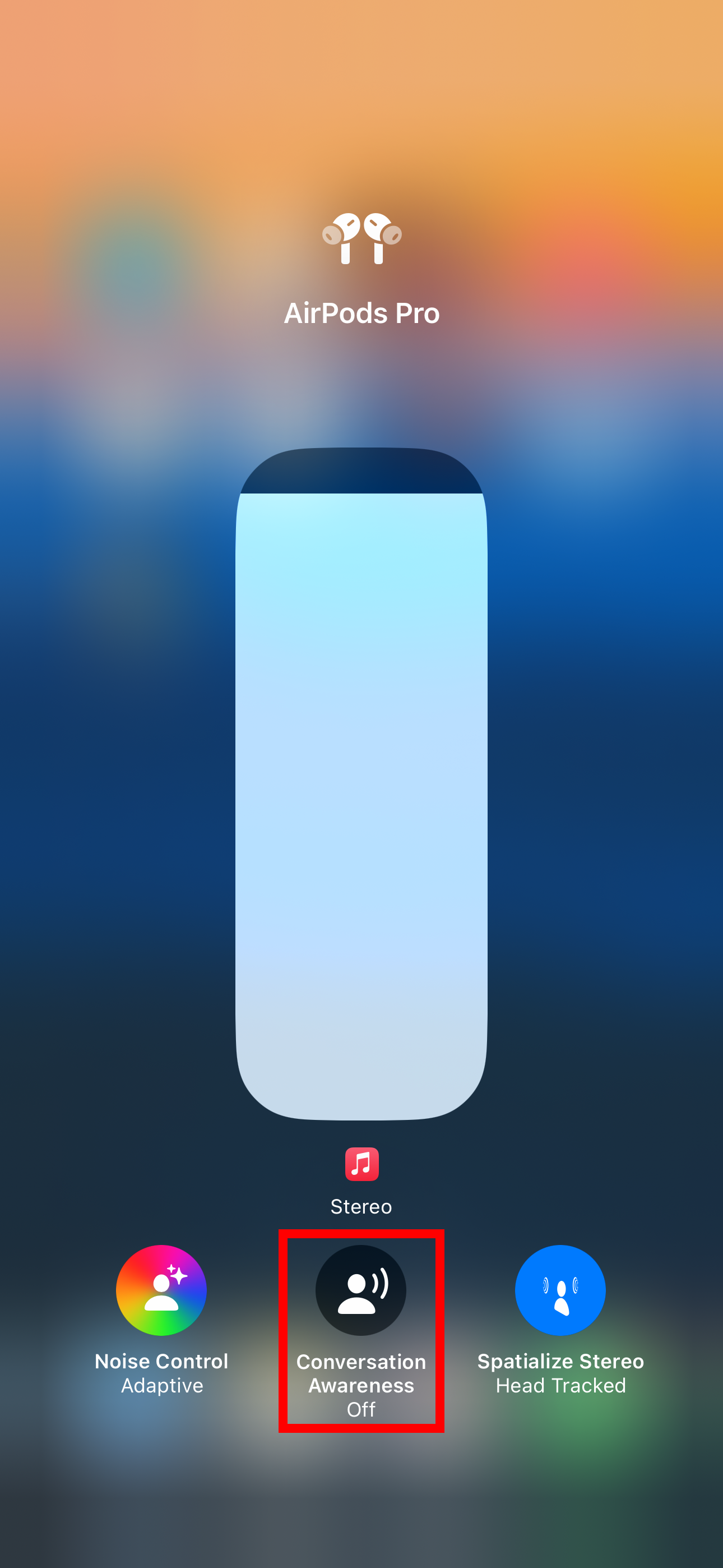 iPhone&rsquo;s Control Center with the Conversation Awareness audio option disabled.