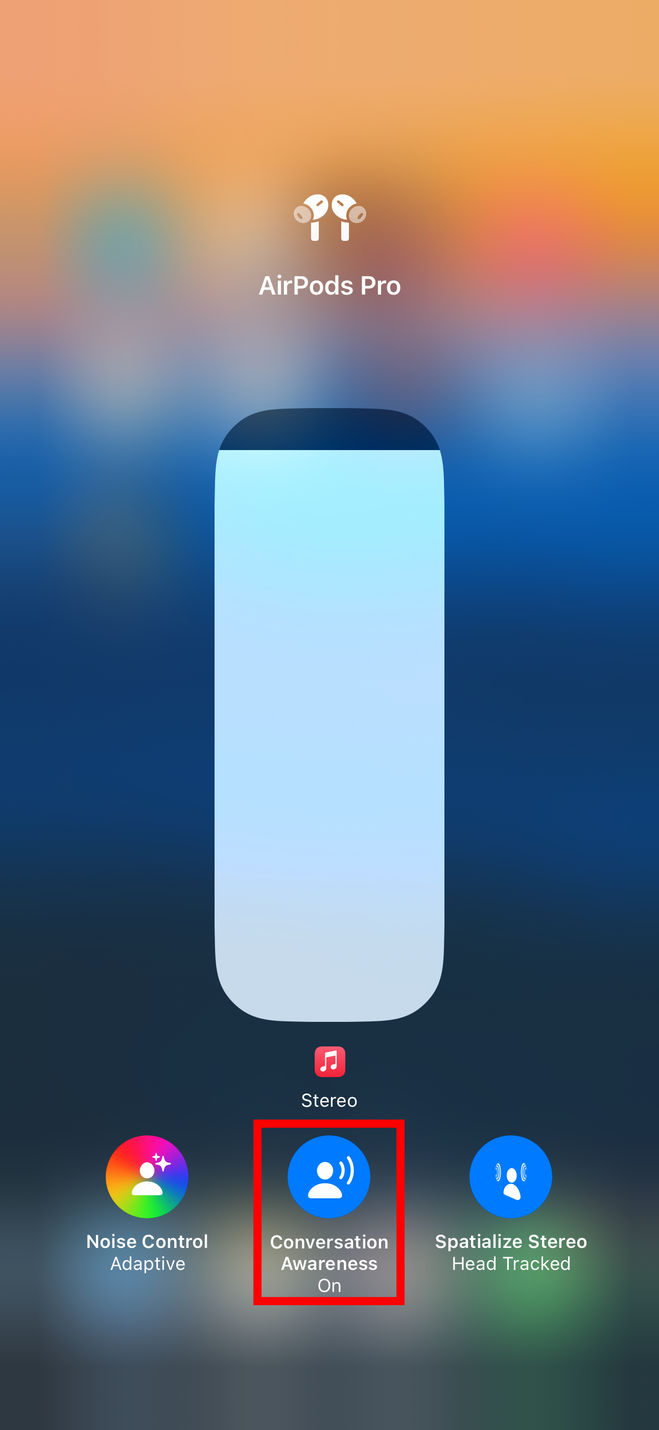 iPhone&rsquo;s Control Center with the Conversation Awareness audio option enabled.