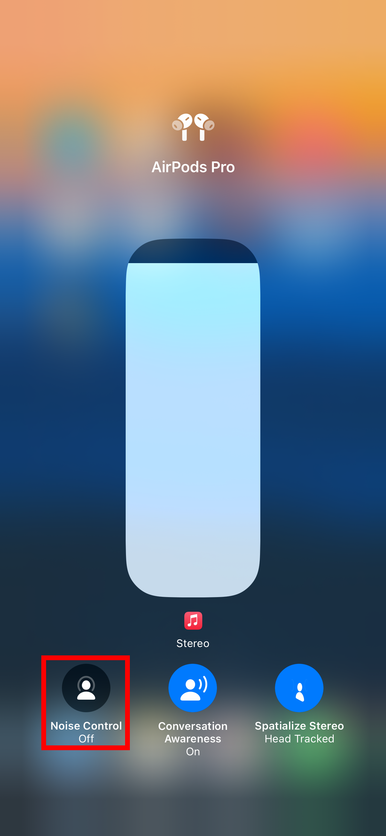 iPhone&rsquo;s Control Center showing the Noise Control button below the volume slider.