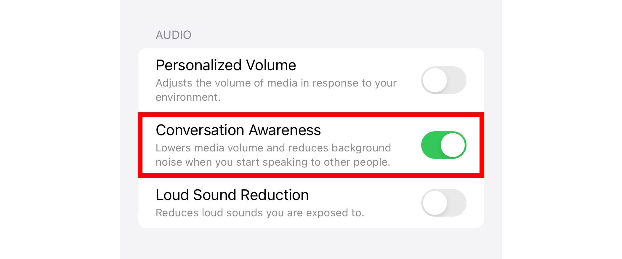 AirPods settings on iPhone with the Conversation Awareness option enabled.