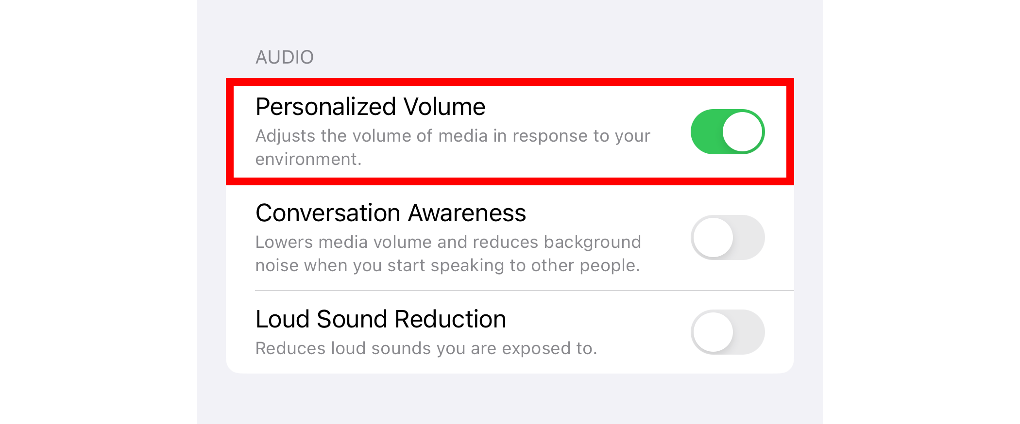 AirPods settings on iPhone with the Personalized Volume audio option enabled.