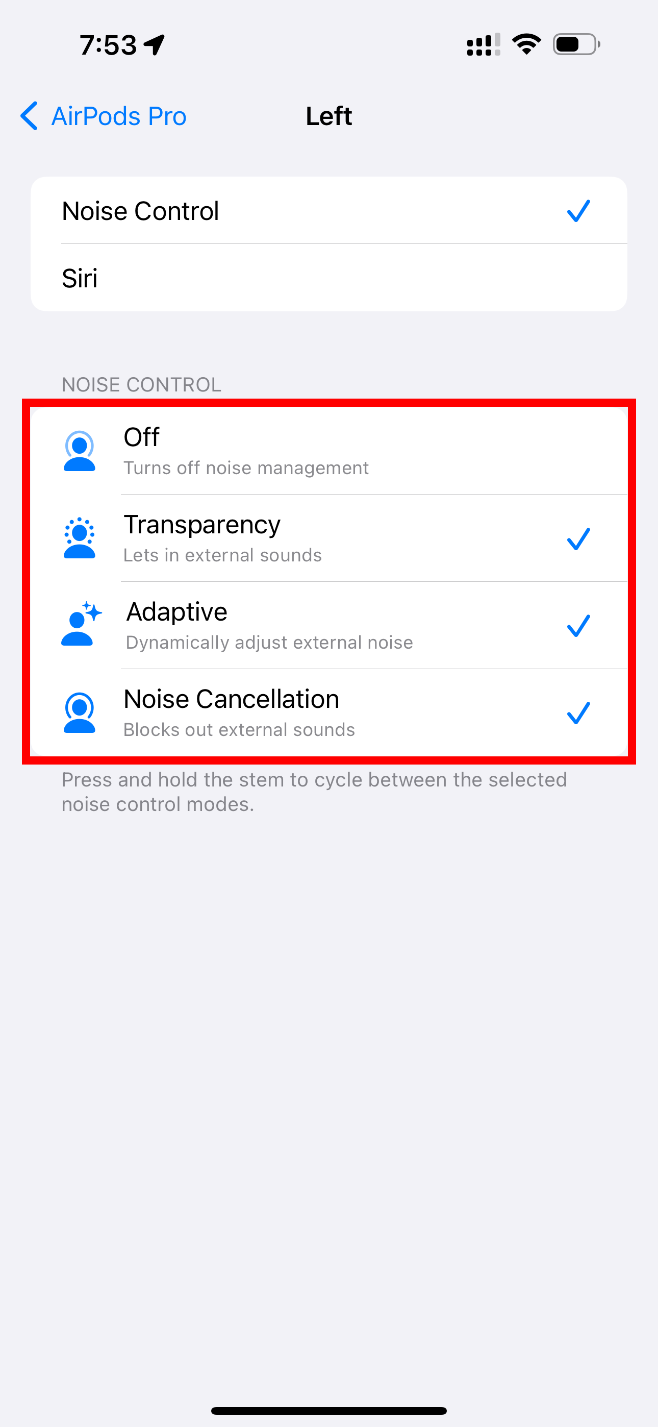 iPhone's Setting app showcasing noise control options for the right AirPod.