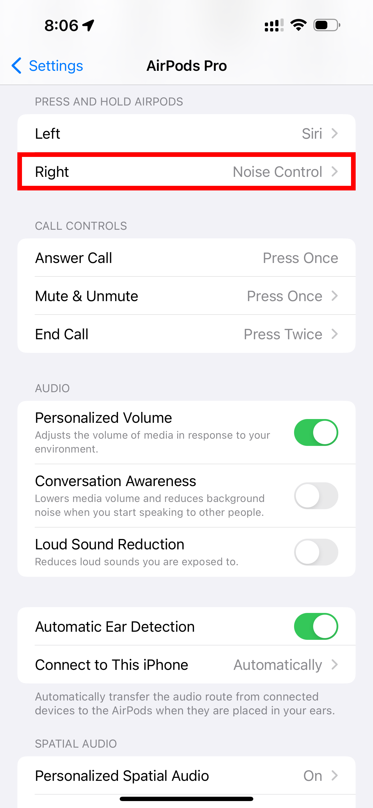 AirPods settings on iPhone highlighting the Right AirPod option in the Press and Hold section.