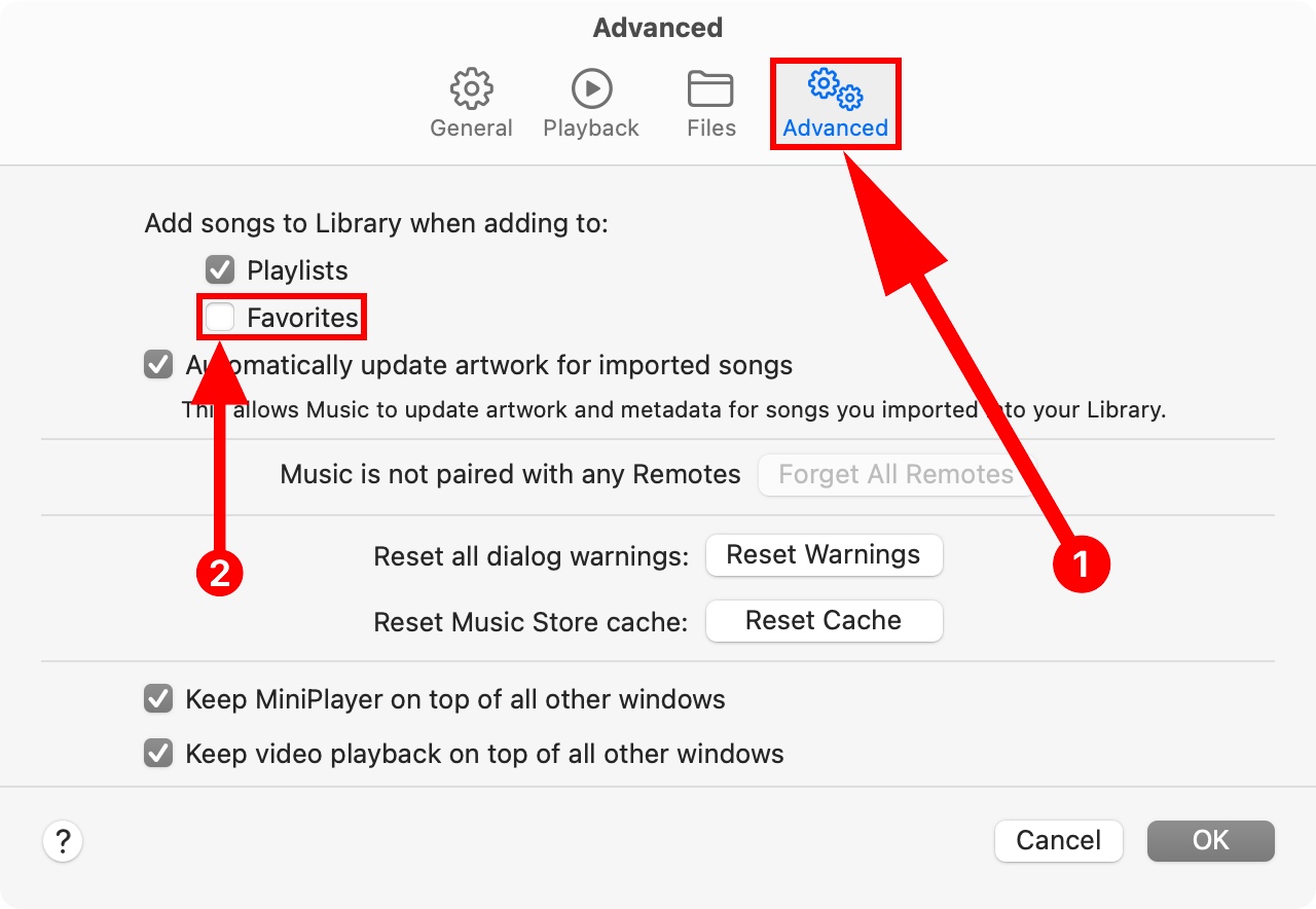 Music for Mac settings with the option to add songs to the library when adding to favorites disabled.