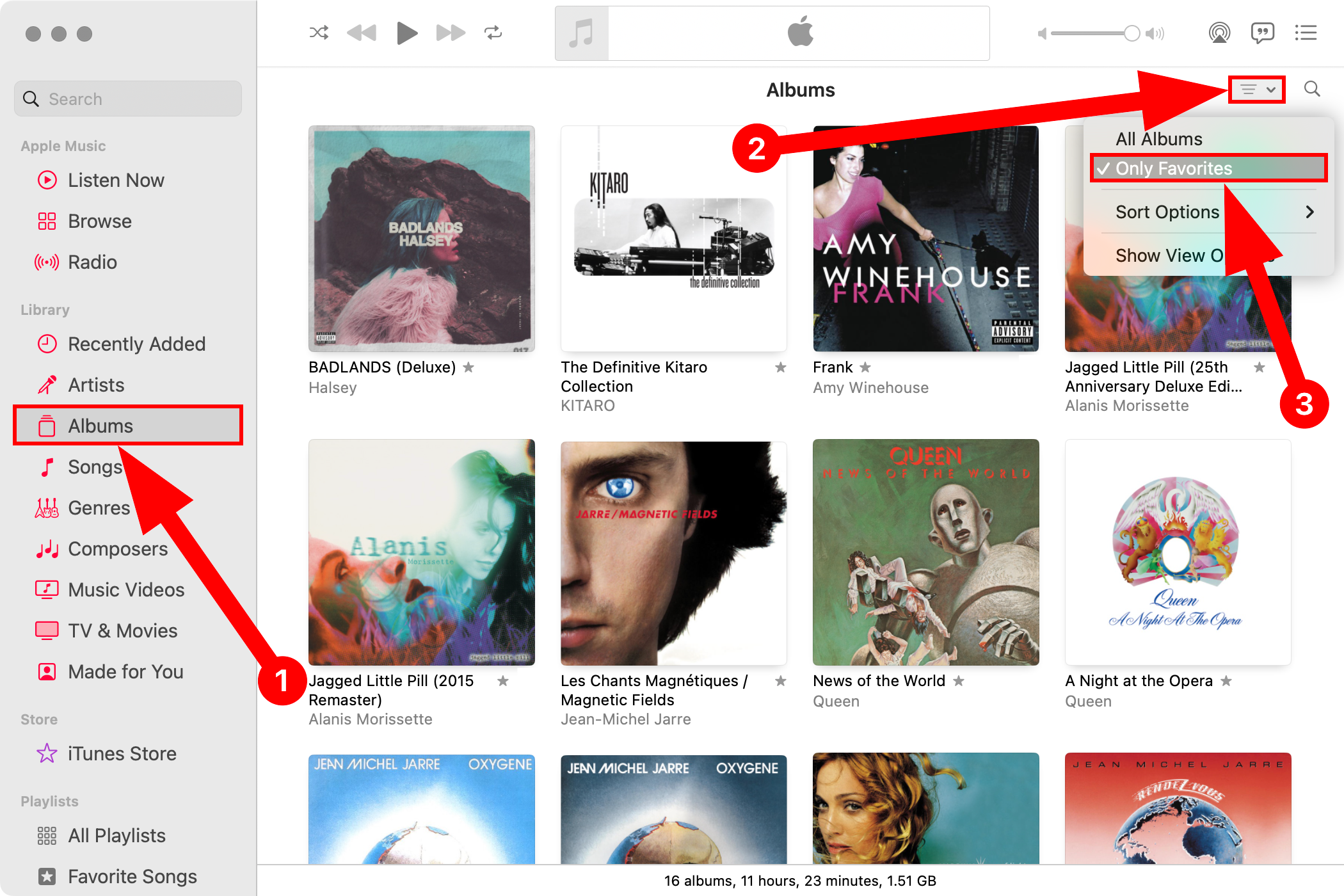 Filtering the library in Music for Mac to only show favorites.