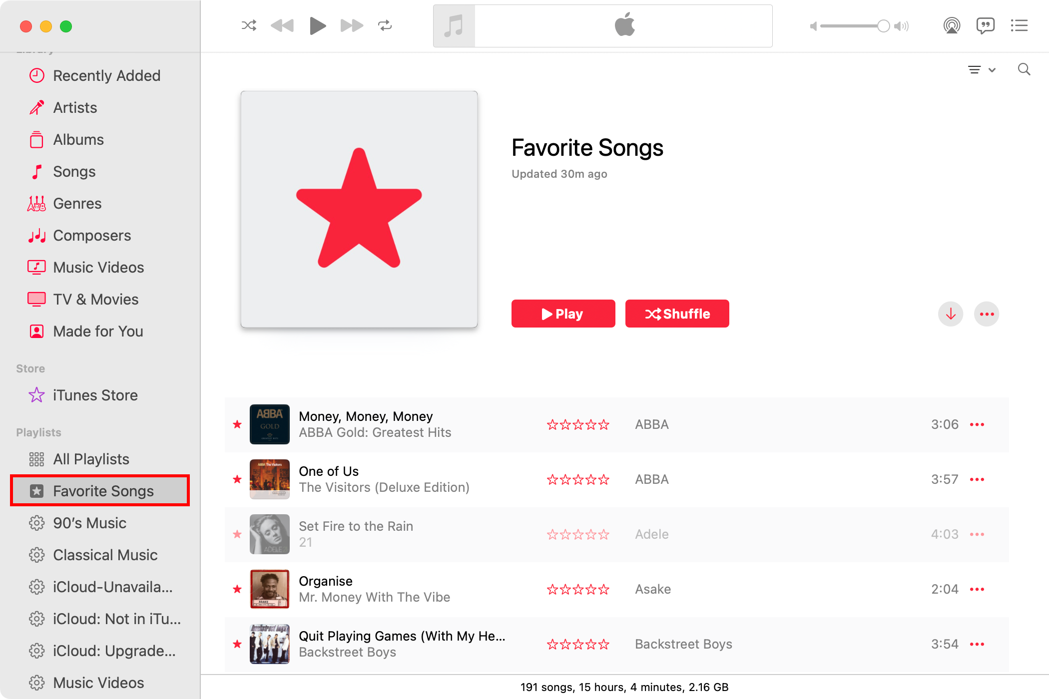 The Favorite Songs playlist in Music for Mac.