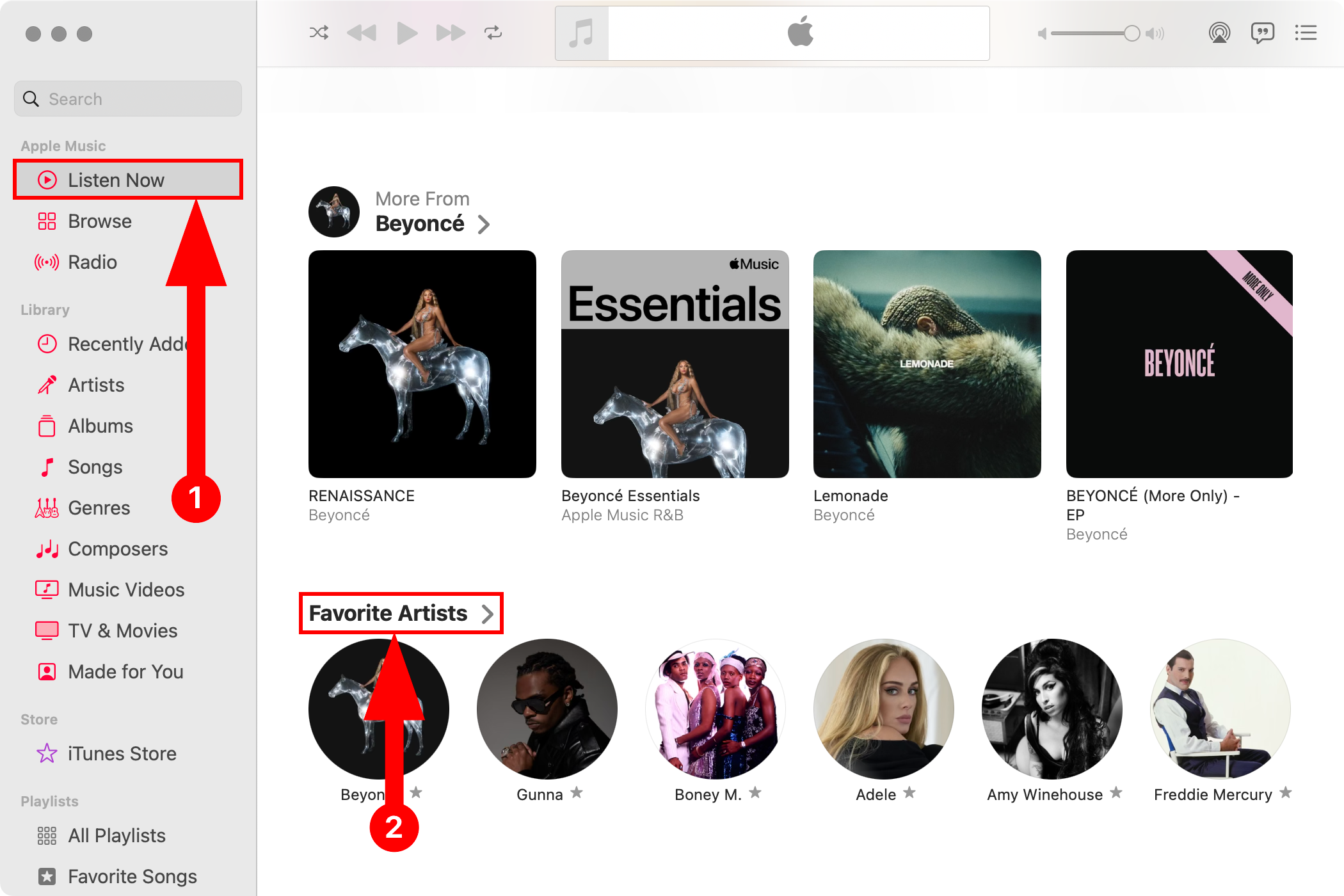 Favorite playlists in Listen Now on Music for Mac.