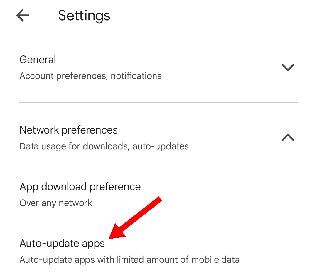 Play Store settings page showing the Auto-update section.