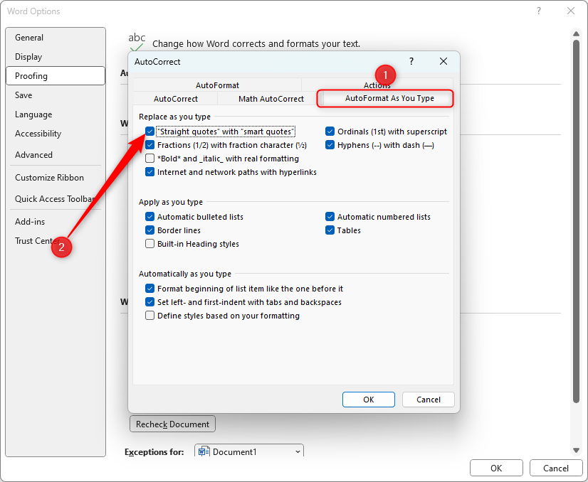 'AutoCorrect' window with the 'AutoFormat As You Type' tab open and the 'Straight Quotes with Smart Quotes' box checked.