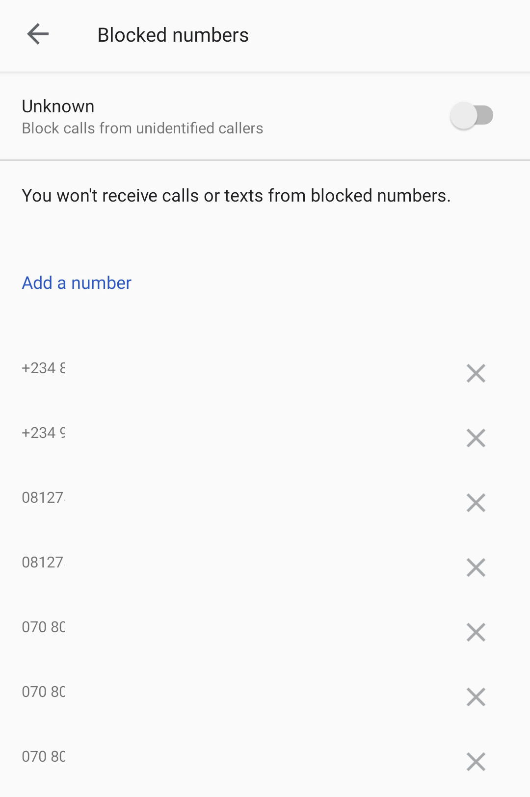 List of blocked numbers on Android phone