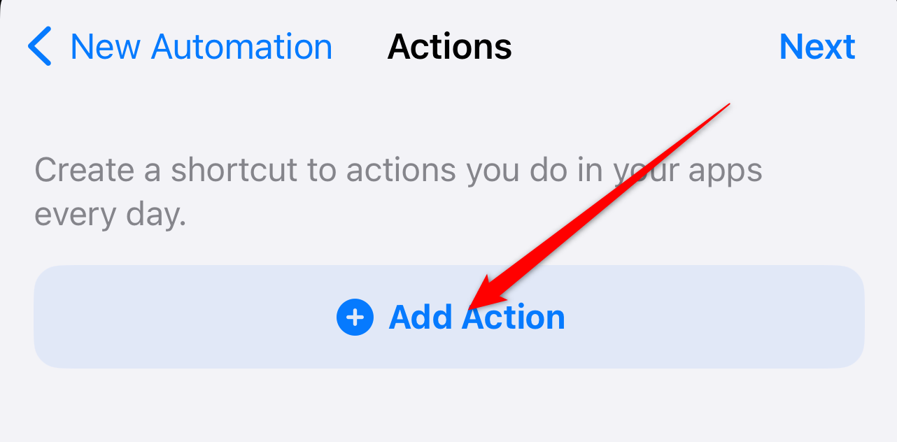 The iPhone Shortcuts 'Action' page with the 'Add Action' button in the middle.